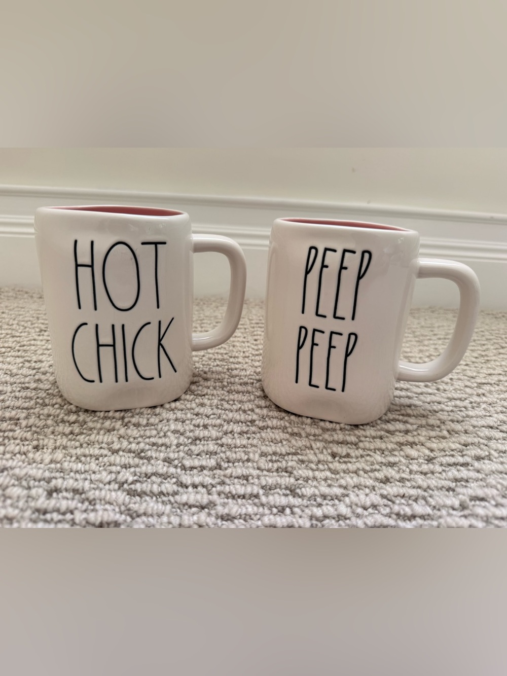 Rae Dunn White Mug Set with Pink Interiors - 'Hot Chick' & 'Peep Peep'